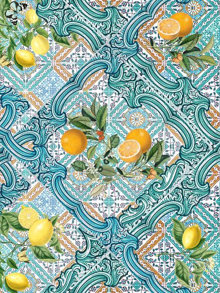 Orangen, Zitronen, Zitrusfrüchte &amp; Schmetterlinge auf türkisfarbenen Mittelmeerfliesen von Bloomery Decor