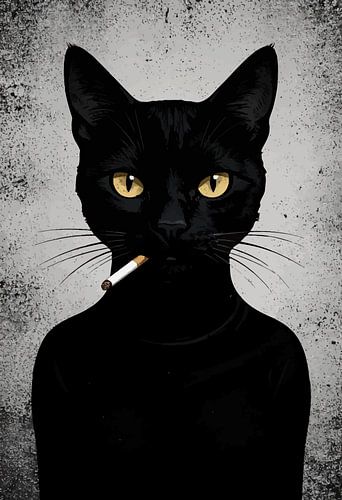 Décoration murale « Noir Black Cat » - Affiche audacieuse représentant un chat noir en train de fumer - Animal gothique minimaliste