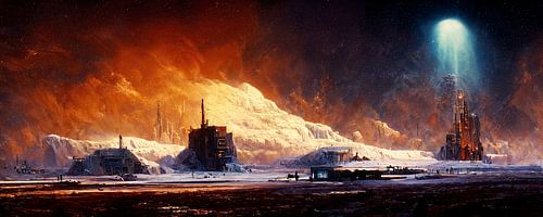 Panorama van een verlaten onderzoeksstation op Mars