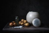 Stilleven met pot aardappelen ,zout, fles en uien