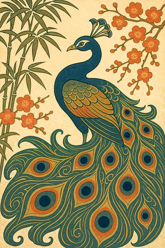 Peacock among bamboo and blossoms (Japanese elegance, feathery beauty, timeless, earth tones, decorative)