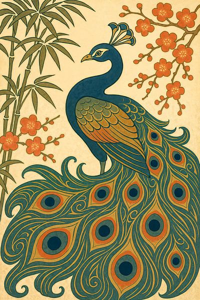Peacock among bamboo and blossoms (Japanese elegance, feathery beauty, timeless, earth tones, decorative) by Natalie Bruns