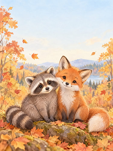 Raccoon and Fox – Friends in the Autumn Forest