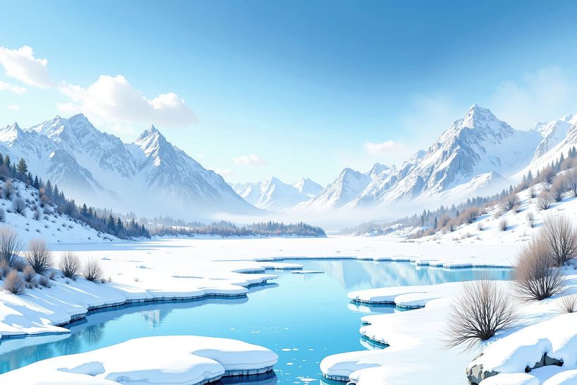 Gefrorener See, in dem sich verschneite Berge unter blauem Himmel spiegeln von Markus Gann