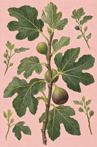 A fig branch with ripe fruit on a pink background