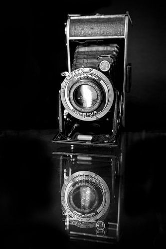 Vintage Analog Folder Film Camera Reflection - Black and White
