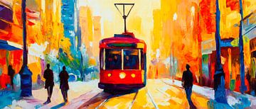 Kleurrijke tram in het stadsleven van Poster Art Shop