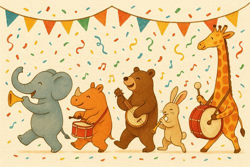 Animaux dansant avec des guirlandes et de la musique