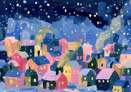 Winterstad bij nacht – kunstdruk