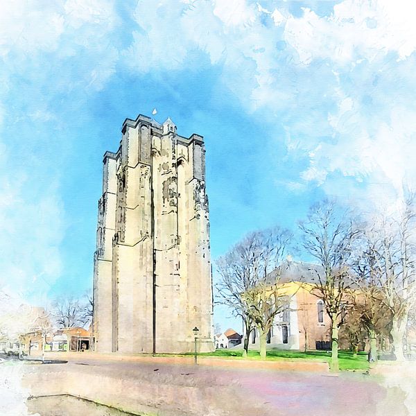 Watercolour image of St Lievensmonster tower in Zierikzee, Schouwen-Duiveland, Zeeland by Danny de Klerk