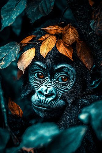 Gorilla in kleurrijke bladeren