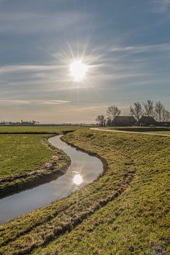 De Slachtedijk in Friesland in tegenlicht van de zon van Harrie Muis