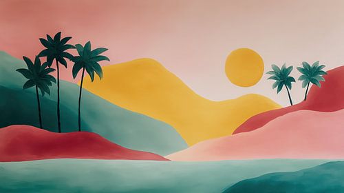 Palmiers et montagnes, coucher de soleil aux couleurs douces, panorama