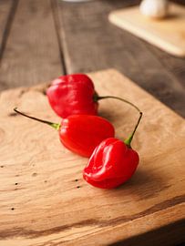 Hot and spicy Habanero chili on rustic wood von Andreas Berheide Photography