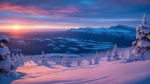 Snowy landscape with mountain panorama