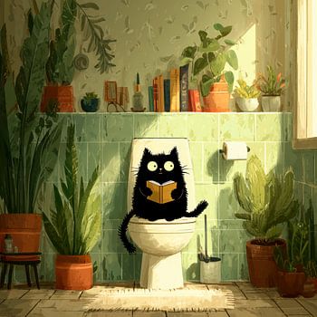 Zwarte kat leest op het toilet