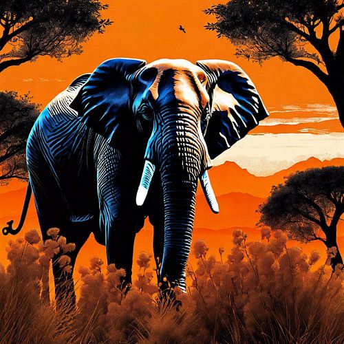 Éléphant géant au coucher du soleil