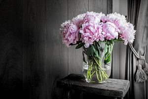Romantic Bouquet of Peonies on Wooden Stool
