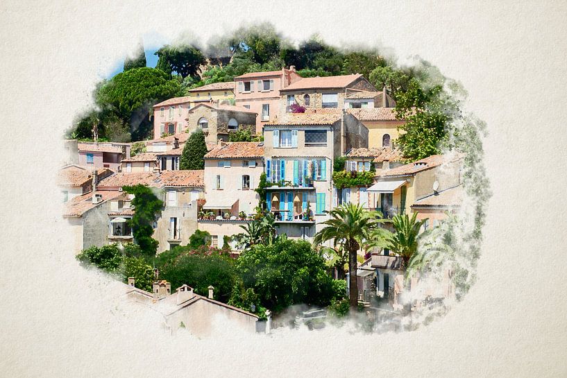 Zicht op Bormes-les-Mimosas in waterverf van Youri Mahieu