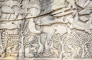 Sculpture en relief dans le temple du Cambodge sur Rietje Bulthuis