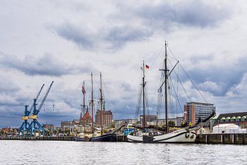 Uitzicht over de rivier de Warnow naar de Hanzestad Rostock van Rico Ködder