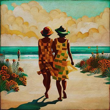 Zwei Damen gehen an den Strand
