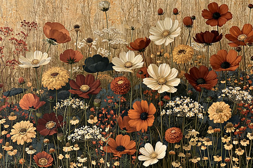Bloemenweide in warme kleuren, art nouveau schilderij
