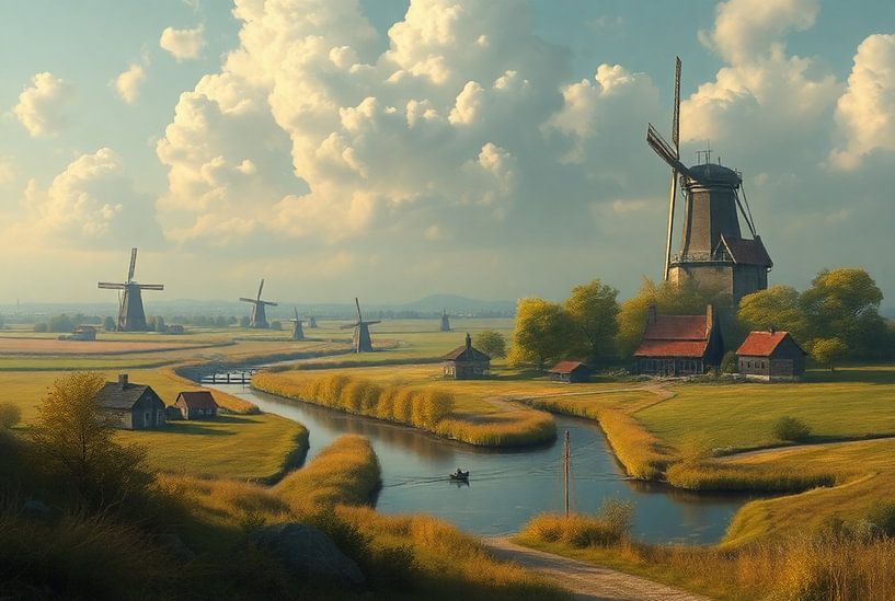 Holländische Flusslandschaft mit Mühlen und Ruderboot von Kleurenrijk