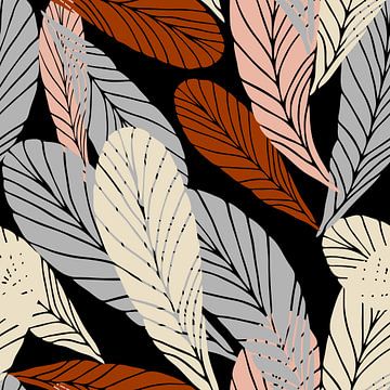 Boho style leaves in retro colors. Modern botanical art in terra, pink, grey, black by Dina Dankers