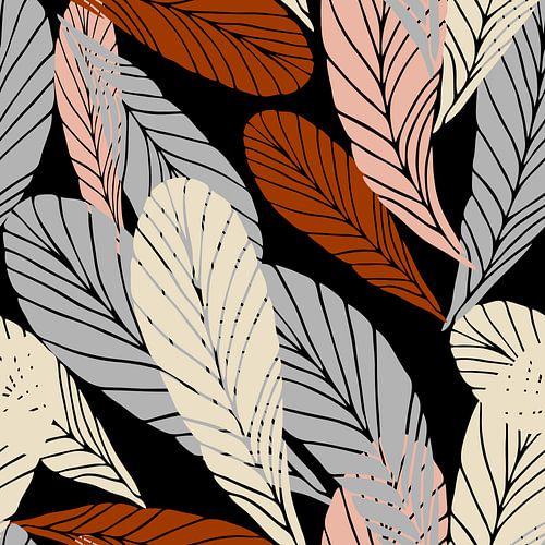 Feuilles de style boho dans des couleurs rétro. Art botanique moderne en terra, rose, gris, noir.