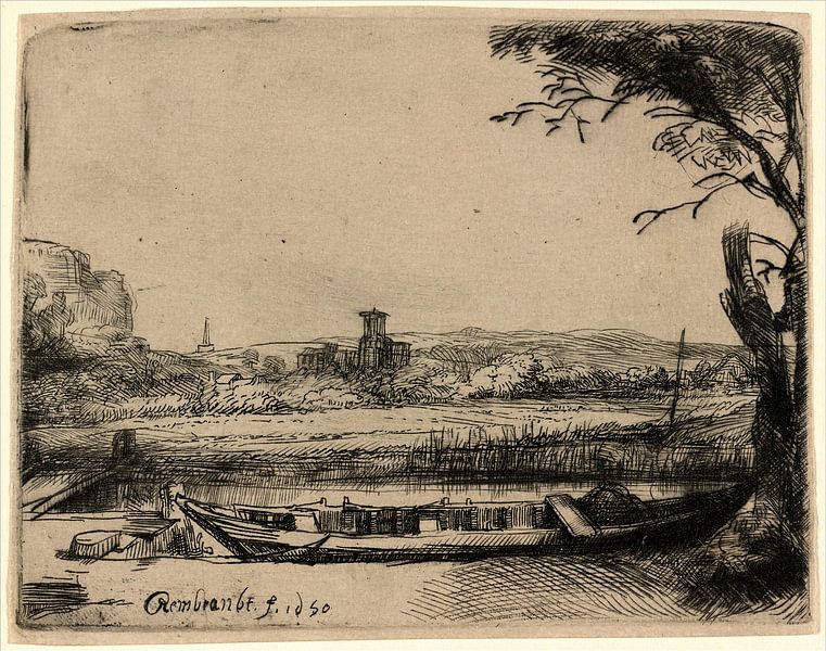 Kanal mit einem großen Boot und Brücke von Rembrandt van Rijn