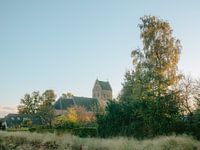 Church with stepped gable with sunset
