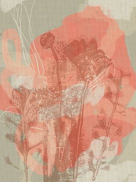 Botanische kunst in pastel terra, roze, wit en grijs. Monotypes weidebloemen. van Dina Dankers
