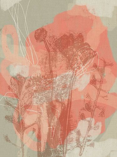 Botanische kunst in pastel terra, roze, wit en grijs. Monotypes weidebloemen.
