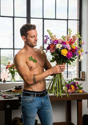 Hemdloser Mann hält Blumenstrauß in Innenräumen