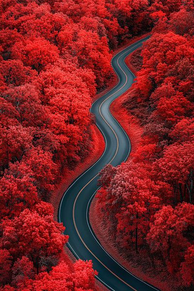 Winding road through red trees by Poster Art Shop