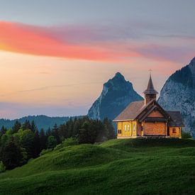 Mountain chapel at sunset by Philipp Hodel Photography