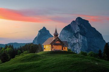 Mountain chapel at sunset by Philipp Hodel Photography