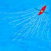 Red canoe in blue sea with white waves by Susan Hol