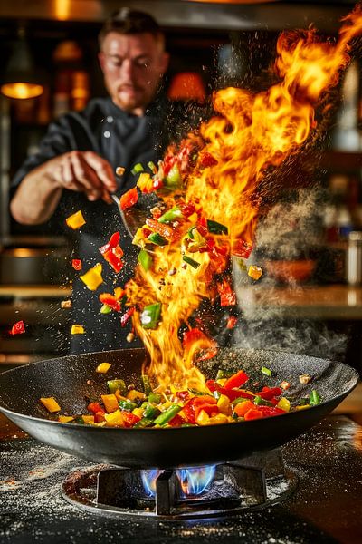 Flammendes Gemüse im Wok – Küchenkunst von Poster Art Shop