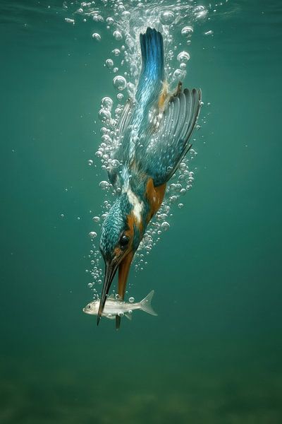 Kingfisher with Fish Underwater by Markus Gann