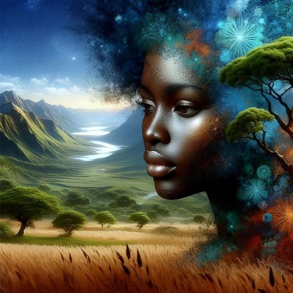 Afrikanische Frau in Landschaft 2 von Yvonne van Huizen