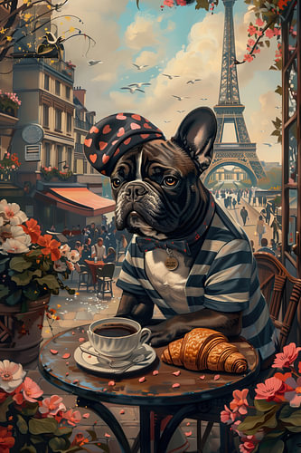 Franse buldog in een café in Parijs