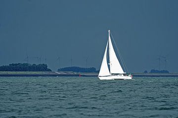 Bright white sailboat stands out against dark blue sky by Gert van Santen