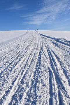 Een sneeuwscooterparcours in een veld van Claude Laprise