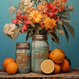 Schilderachtige weergave van een stilleven met bloemen en tinnen blikken van Margriet Hulsker