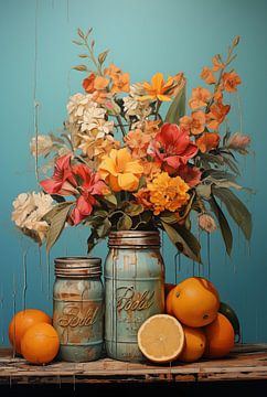 Szenische Darstellung eines Stilllebens mit Blumen und Blechdosen