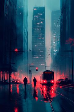 Night view with tram - Urban fog by Poster Art Shop