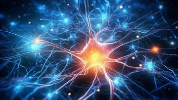 Neuronaal netwerk met elektrische activiteit van neuroncellen 3D rendering illustratie. Neurowetenschappen, neurologie, zenuwstelsel en impulsen, hersenactiviteit, microbiologie concepten. Visie van kunstenaar. van de-nue-pic
