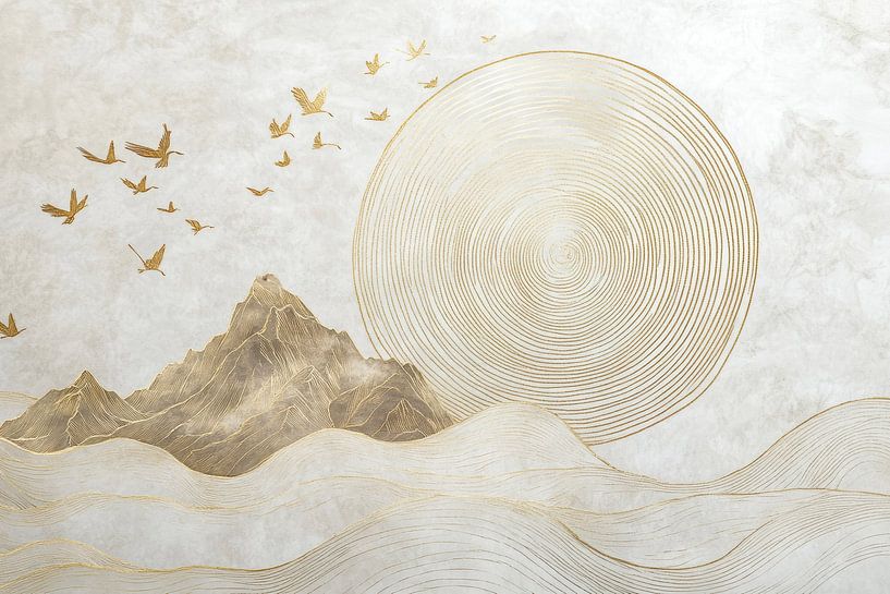 Light and elegance: gold woven into mountains and clouds by Digitale Schilderijen